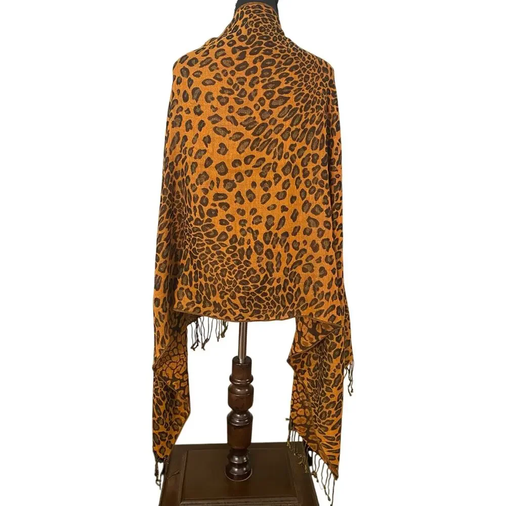 100% Pashmina Leopard Print Shawl Wrap Scarf Fringe Camel Black